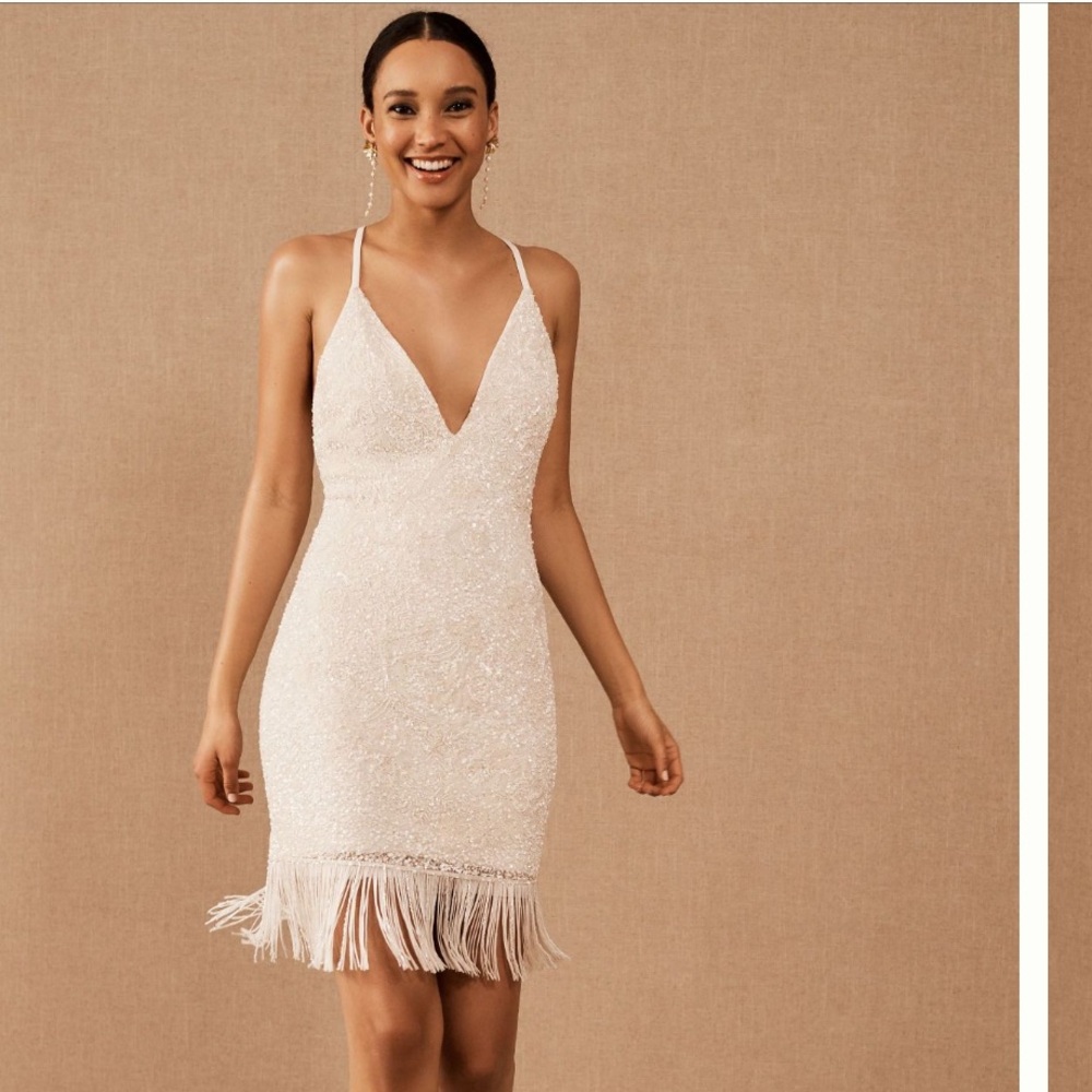 BHLDN sequin white mini dress with fringe, size 4